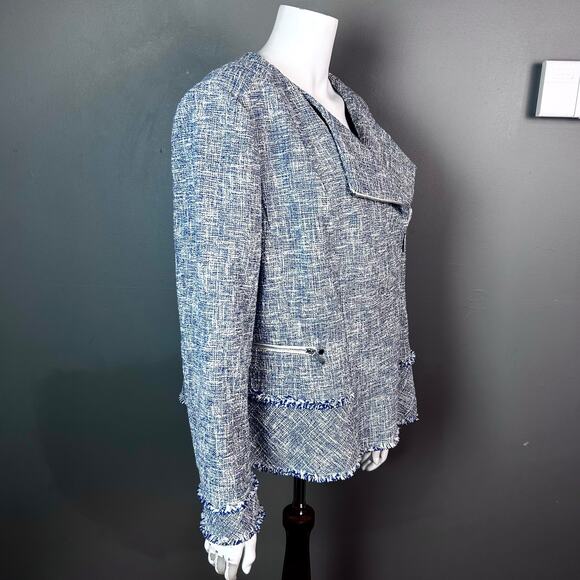 Lafayette 148 jacket size 16 tweed blazer white blue moto cotton business office - Picture 5 of 14
